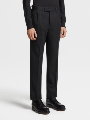 Black Zegna Cotton And Wool Double Pleat Pants | JKGOSMD-57