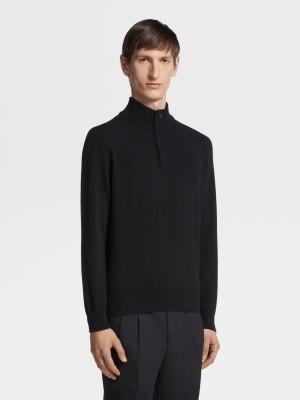 Black Zegna Oasi Cashmere Zip Mock Neck Sweater | CQIPESR-18