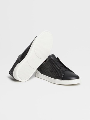 Black Zegna Pelletessuta Leather Triple Stitch Sneakers | VMYEPLT-82