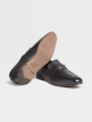 Black Zegna Soft Leather L'Asola Loafers | XMKYUOJ-76