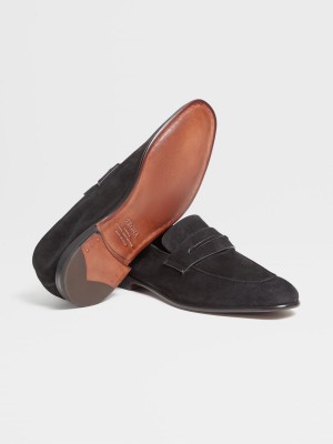 Black Zegna Suede L'Asola Loafers | UXDSOPG-60