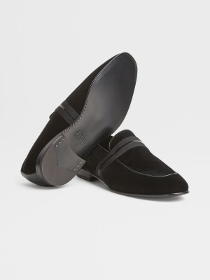 Black Zegna Velvet Lido Slip On Loafers | NVUGLPB-40