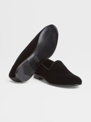 Black Zegna Velvet Palermo Slip On Loafers | JGTDYSL-06