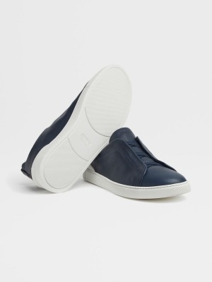 Blue Zegna Leather Triple Stitch Sneakers | BVDOHFY-03