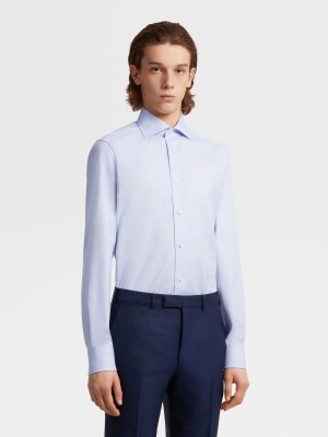 Blue / White Zegna Trofeo Cotton Shirt | KZITCWB-52