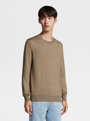 Brown Zegna Silk Cashmere And Linen Knit Crewneck | CIYLJDU-51