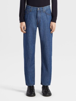 Dark Blue Zegna Bleached Cotton And Linen Roccia Jeans | WCNITBY-01