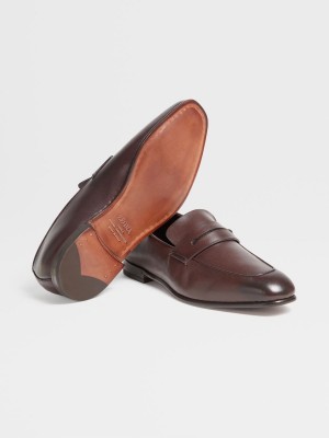 Dark Brown Zegna Leather L'Asola Loafers | HQPWZXV-46