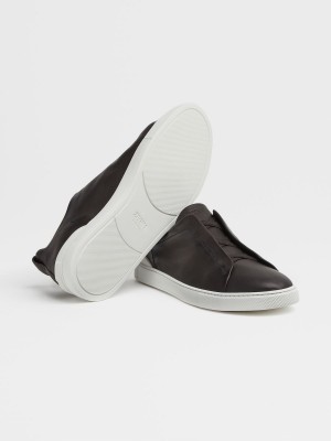 Dark Brown Zegna Leather Triple Stitch Sneakers | KFHBLNV-85