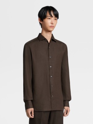 Dark Brown Zegna Pure Linen Long-sleeve Shirt | OBXRDHL-28