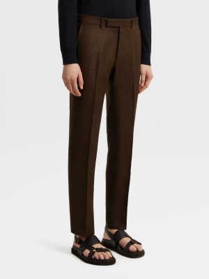 Dark Brown Zegna Pure Linen Pants | QONIVYR-06