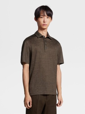 Dark Brown Zegna Pure Linen Short-sleeve Polo | MPUIEZN-14