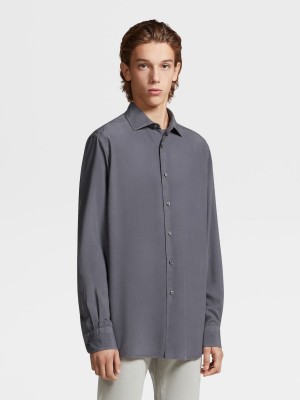 Dark Grey Zegna Garment Dyed Pure Silk Long-sleeve Shirt | SIZQMTR-98