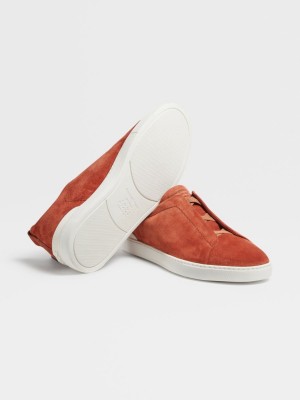 Dark Orange Zegna Suede Triple Stitch Sneakers | TRXPOQJ-48