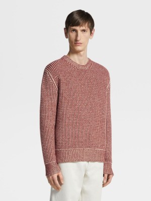 Dark Red / Light Grey Brown Zegna Oasi Cashmere Crewneck | JQZDAHS-59