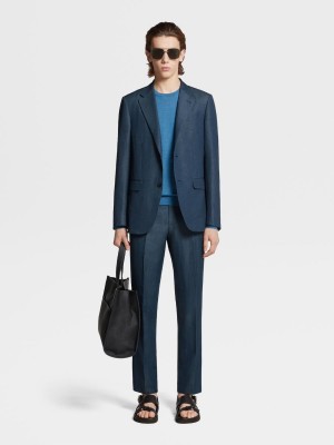 Dark Turquoise Blue Zegna Trofeo Summer Wool And Linen Jacket | WVESRZT-87