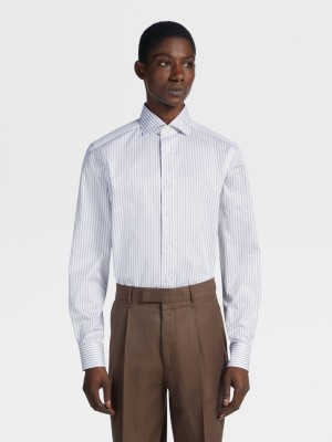 Grey / White Zegna Striped Sea Island Cotton Shirt | AIRPDYE-28