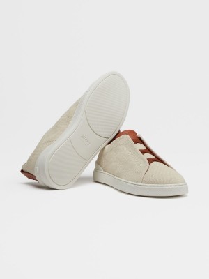 Light Beige Zegna Canvas Triple Stitch Low Top Sneakers | RTSYAGU-58