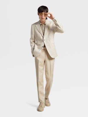 Light Beige / Beige Zegna Prince Of Wales Crossover Linen Wool And Silk Fairway Jacket | QYNPOZK-86