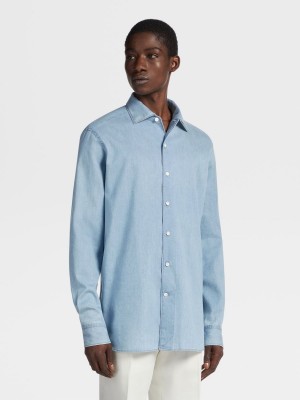 Light Blue Zegna Cashco Bleached Denim Shirt | HCGVQFO-79