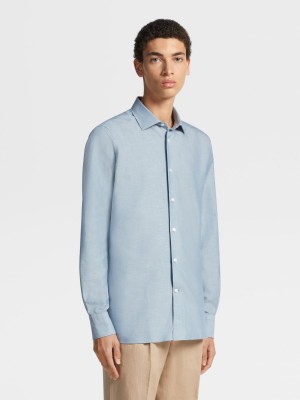 Light Blue Zegna Crossover Blend Cotton Linen And Silk Long-sleeve Tailoring Shirt | ATKDYBH-15