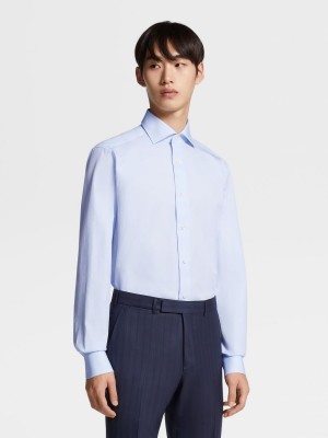 Light Blue Zegna Micro Herringbone Cotton Long-sleeve Tailoring Shirt | HLFASJM-86