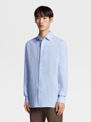 Light Blue Zegna Pure Linen Long-sleeve Shirt | IEXNRMU-14