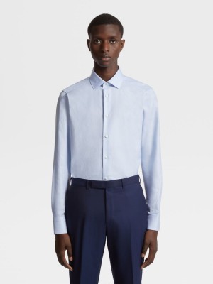 Light Blue Zegna Trecapi Cotton Twill Shirt | OLNGCUT-23