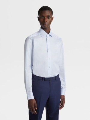 Light Blue / Blue Zegna Centoventimila Cotton Structured Micro-striped Shirt | GJDUBKS-97