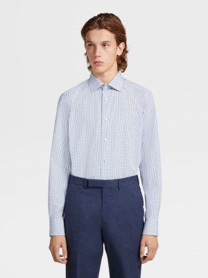 Light Blue / White Zegna Micro-checked Trecapi Cotton Shirt | MWHXCSV-42