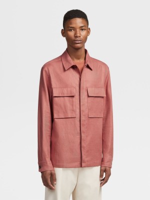 Light Burgundy Zegna Pure Linen Overshirt | KMFGONH-69