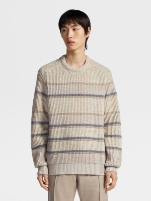 Light Grey Brown Zegna Striped Cashmere And Silk Crewneck | XLROZPJ-43