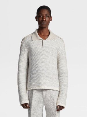 Light Grey / White Zegna Wool Polo Sweater | MGTNVQK-59