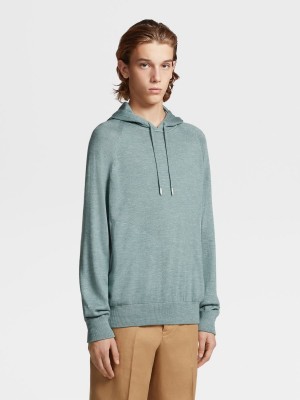 Light Turquoise Green Zegna Silk Cotton Cashmere And Linen Knit Hoodie | CNDTZQX-72