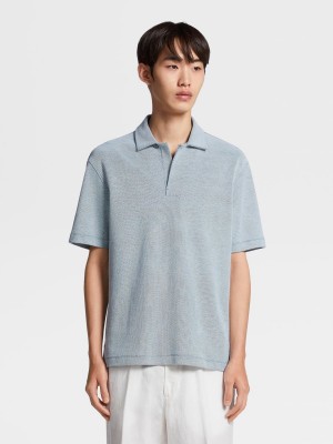 Light Turquoise Green / White Zegna Pure Cotton Short-sleeve Polo | MBTUWSR-07