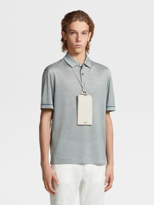 Light Turquoise Green / White Zegna Silk Short-sleeve Polo | LECXODZ-43