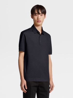 Navy Blue Zegna Cotton And Silk Short-sleeve Polo | UNMPAIT-74