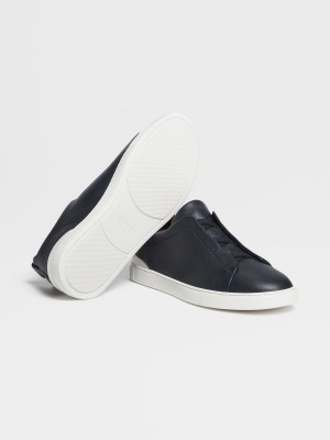 Navy Blue Zegna Deerskin Triple Stitch Sneakers | KGYTFVZ-19