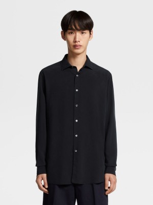 Navy Blue Zegna Garment Dyed Pure Silk Long-sleeve Shirt | EUZDJYL-21