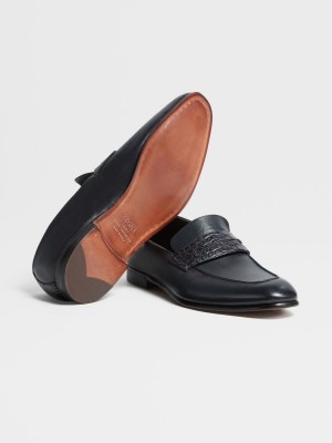 Navy Blue Zegna Nappa And Alligator L'Asola Loafers | LUGYTPQ-10