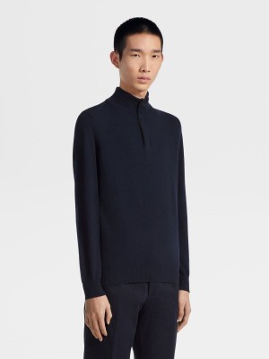 Navy Blue Zegna Oasi Cashmere Zip Mock Neck Sweater | HVEIQXT-36