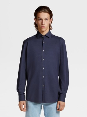 Navy Blue Zegna Pure Cotton Jersey Long-sleeve Shirt | VDAHLGE-58