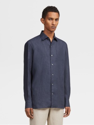 Navy Blue Zegna Pure Linen Long-sleeve Shirt | TDQIZCM-35