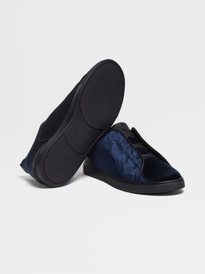 Navy Blue Zegna Velvet Triple Stitch Sneakers | WPGLVBJ-27