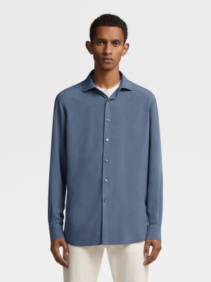 Turquoise Blue Zegna Garment Dyed Pure Silk Long-sleeve Shirt | YODEUBG-78