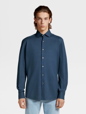 Turquoise Blue Zegna Pure Cotton Jersey Long-sleeve Shirt | FGTVBZU-72