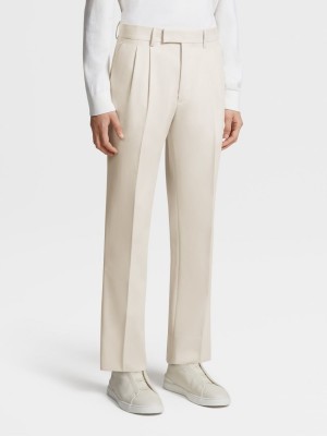 White Zegna Cotton And Wool Double Pleat Pants | MDNCLHZ-13