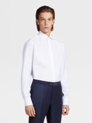 White Zegna Micro Herringbone Cotton Long-sleeve Tailoring Shirt | WQZKJSY-98