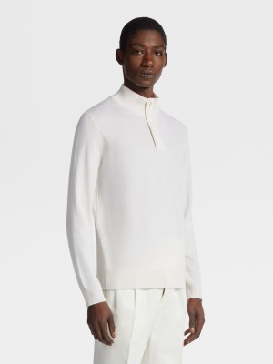 White Zegna Oasi Cashmere Zip Mock Neck Sweater | FXLINQP-50