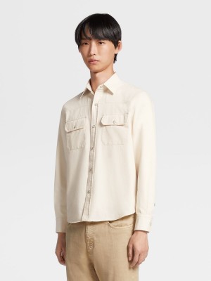 White Zegna Pure Cotton Rinse Washed Denim Long-sleeve Shirt | KOECNBA-95